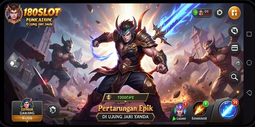 Screenshot utama 180SLOT menampilkan pertarungan mendebarkan antara karakter.