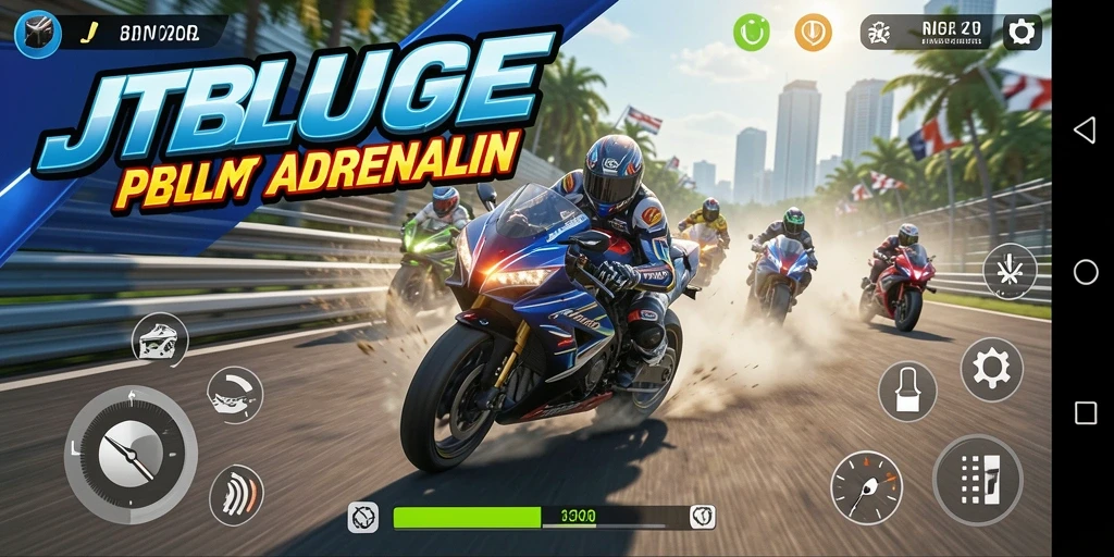 Tangkapan layar utama JTBLUE menampilkan aksi balap motor yang seru di trek menantang.