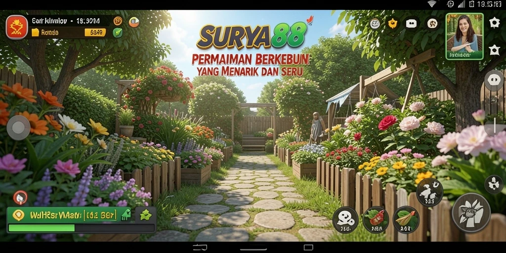 Tangkapan layar gameplay <strong>SURYA88</strong> yang menunjukkan kebun yang penuh warna dan hewan ternak.