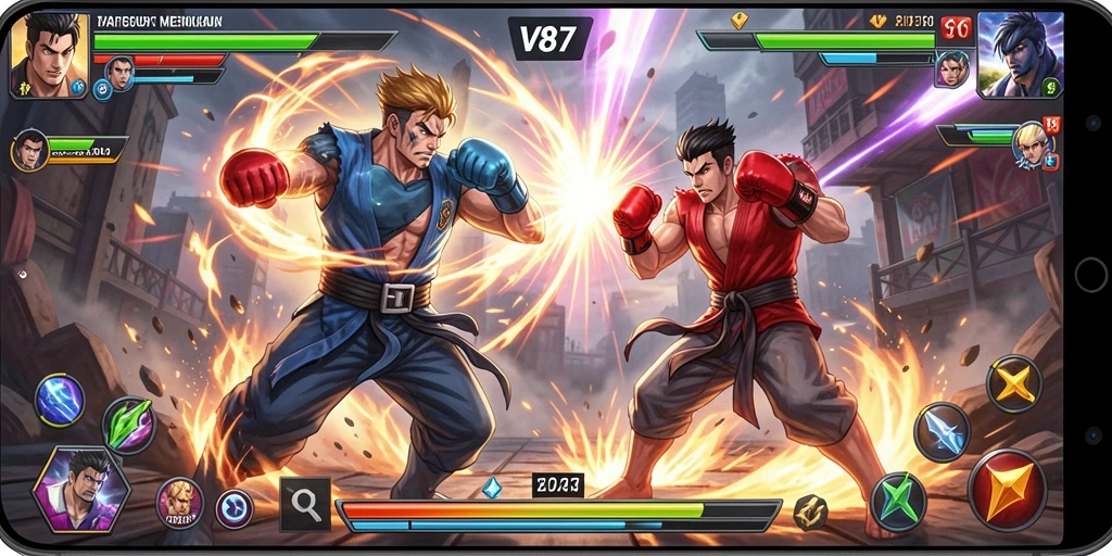 Gambaran gameplay Fighting yang intens dan mendebarkan di V87.