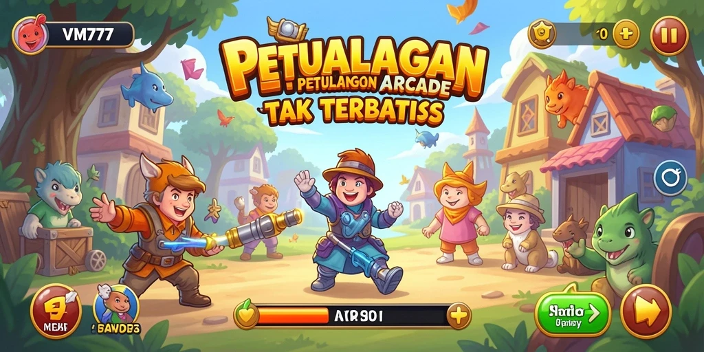 Gameplay VM777 dengan karakter dan level yang berwarna-warni.