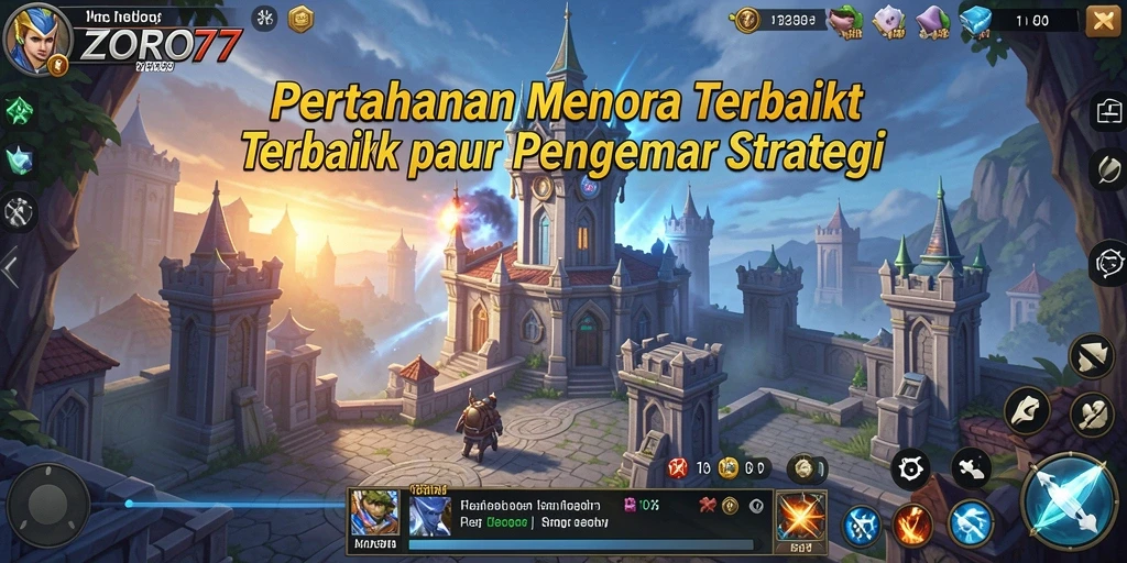 Tampilan gameplay ZORO77 dengan pertahanan menara yang strategis.